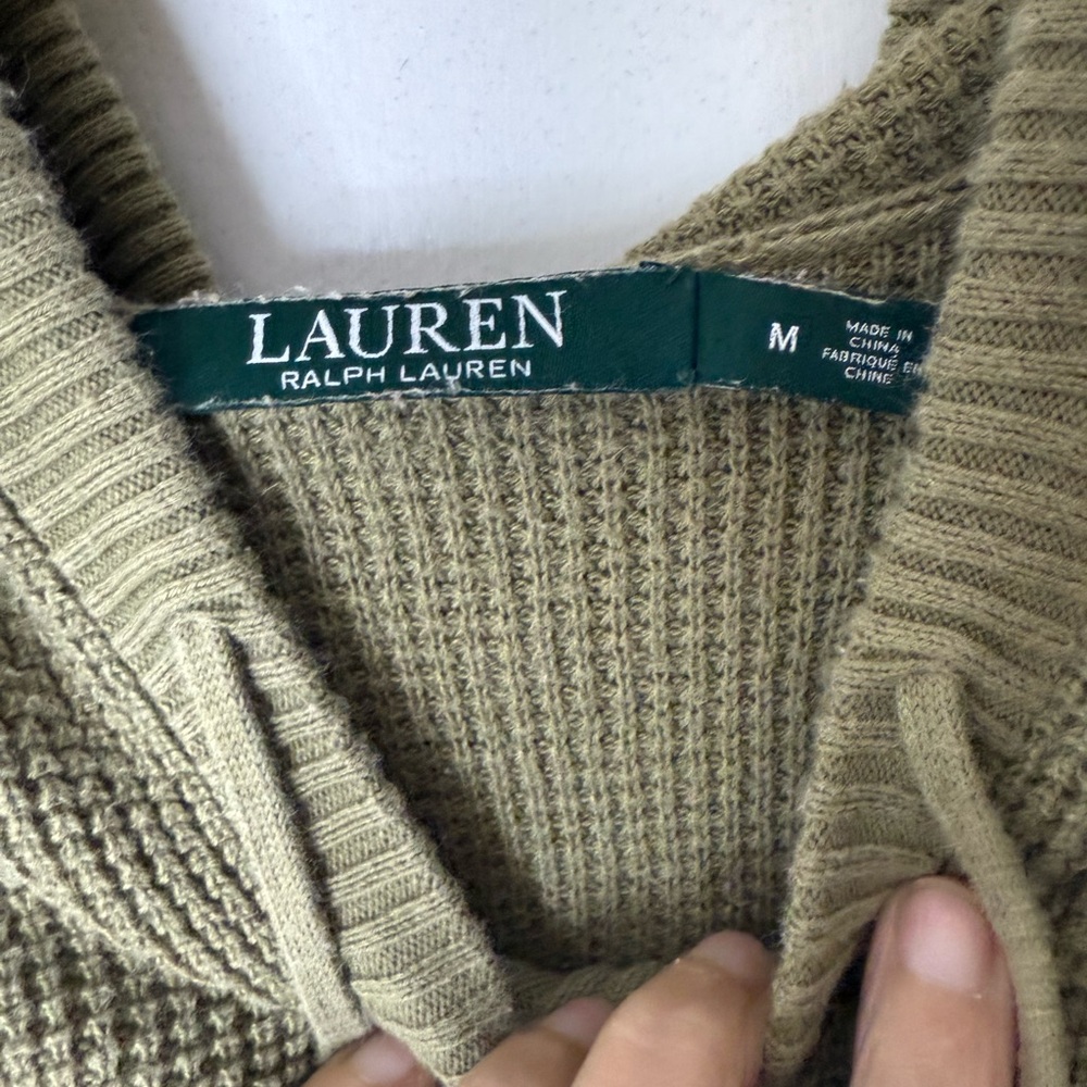 Lauren Ralph Lauren army green, waffle knit, cotton, pop over hoodie M - Picture 6 of 7
